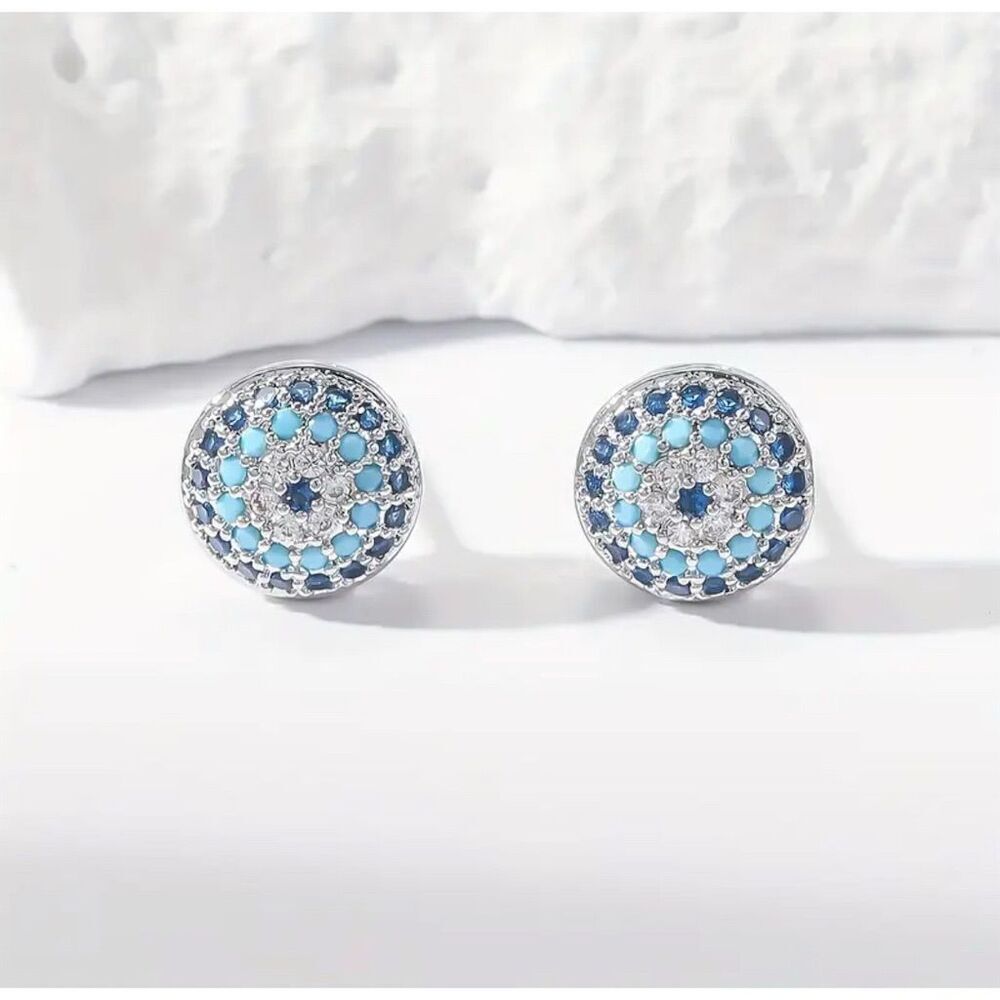 Chic Sterling Silver Evil Eye Stud Earrings Blue Zirconia Protection Spiritual - Picture 2 of 4